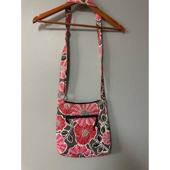 Vera Bradley Quilted Floral Crossbody / Messenger Bag • Gray, Pink & Coral - Picture 3 of 7